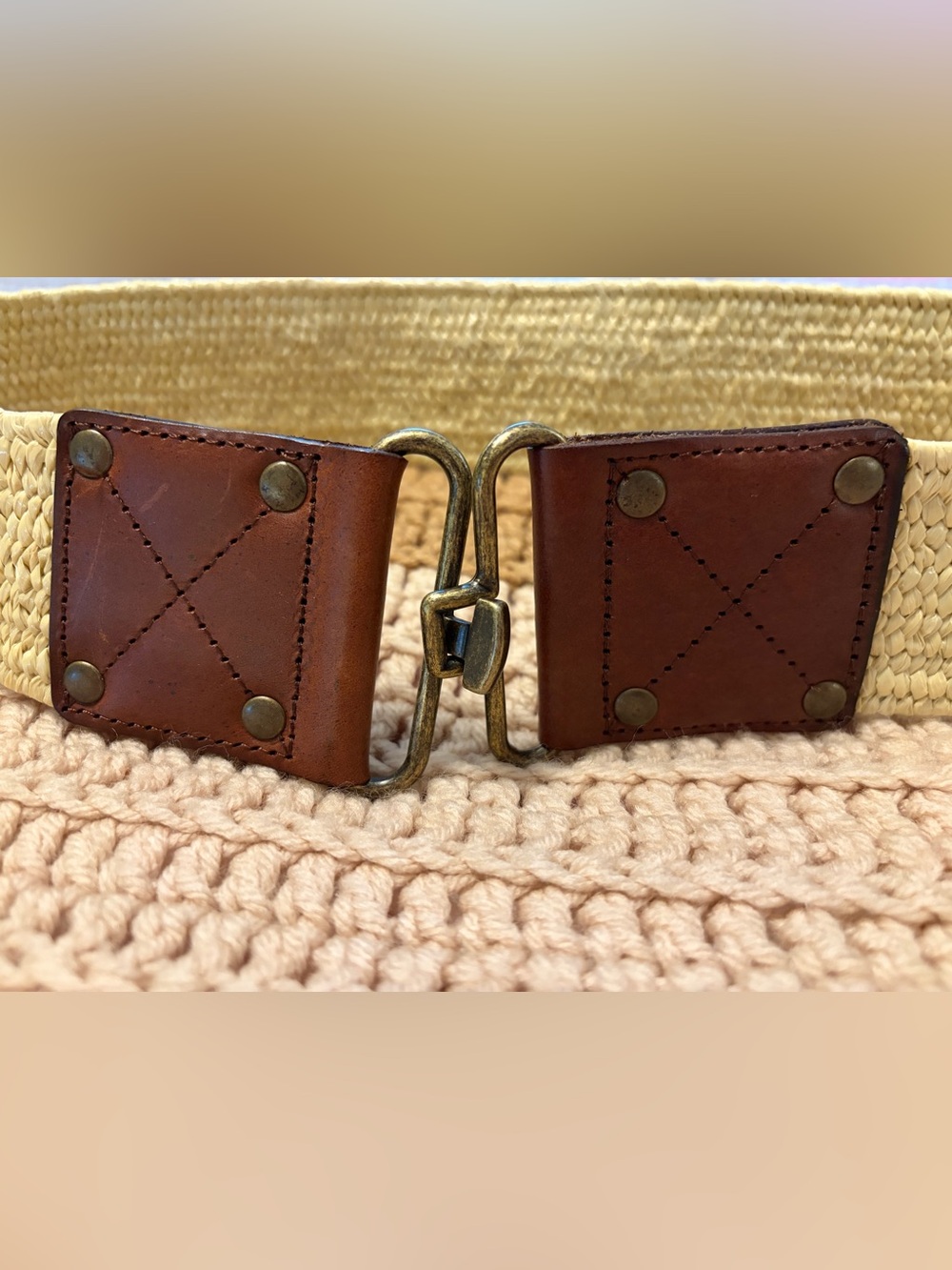 Talbots Braided Straw-Look Belt with Brown Leather Accents